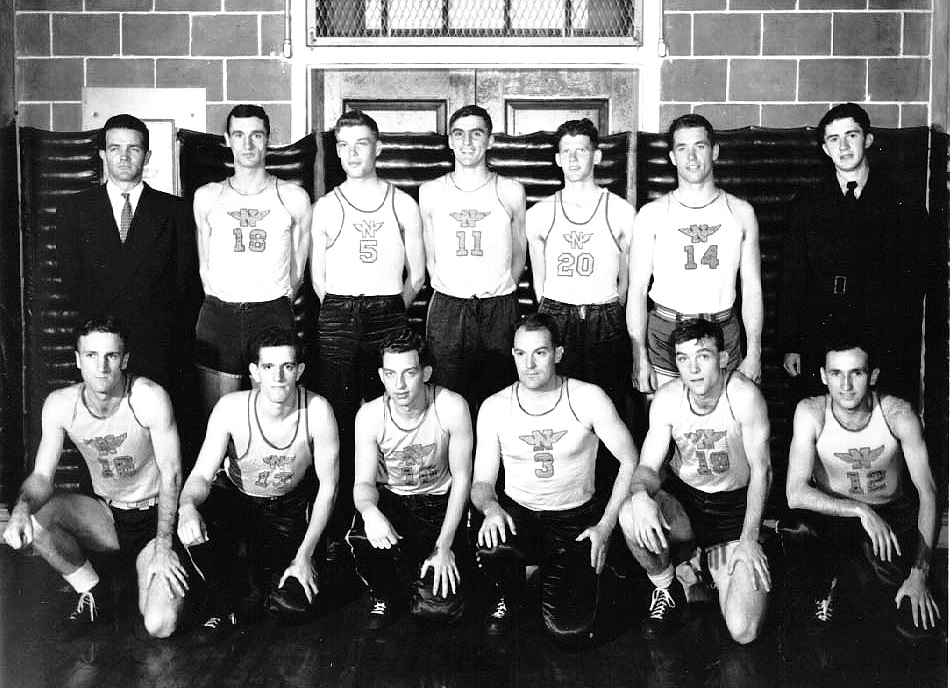 NAS Pensacola Basketball Team “The Goslings” – those I remember:    front row: 	LTjg A. G. Black, enlisted, enlisted, LT, enlisted, and enlisted  back row: 	Coach, LTjg Clayton, Midshipmen Whitten, Petty, and Doll,   and LT Kyle Woodbury