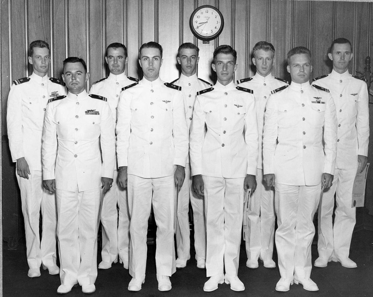 new Naval Aviators get their wings    NAS Corpus Christi, Texas ront row: 	LTjg Gil Gaylor, MIDN Jim Burton, and MIDN Joe Smolinski, and  LTjg (?)    back row:	LTjg (?), LTJG (?), MIDN Hank Otten, ENS Les Mische, and  		MIDN Harley Wilbur            14 September 1949