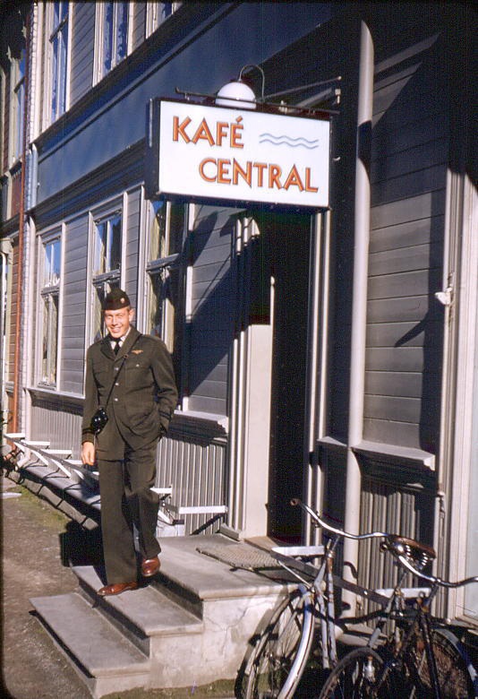 Jess Taft outside of one of the 6 Kafe/Bakeri shops in the town of Levanger, Norway (Population 1400)