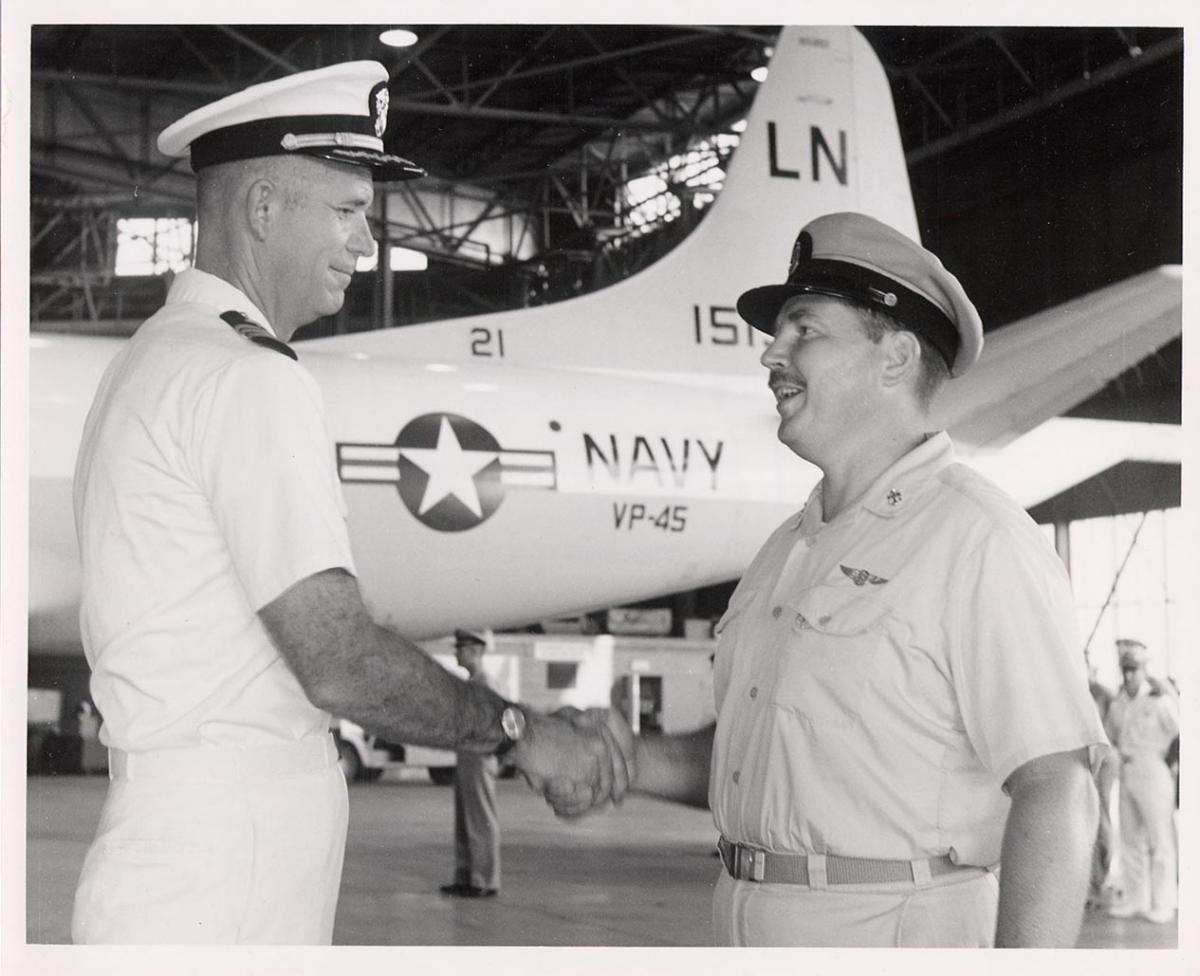 The Skipper says farewell to Senior Chief John Bollinger, his Flight Engineer and Crew Leader during two years of flying the P3A Orion with VP-45                          2 Oct 1968