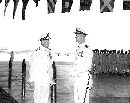 Goodbye to the Fleet!            The Skipper greets RADM Ralph Weymouth USN, Commander Fleet Air Wings, U.S. Atlantic Fleet (COMFAIRWINGSLANT) at VP-45 Change of Command                        2 Oct 1968